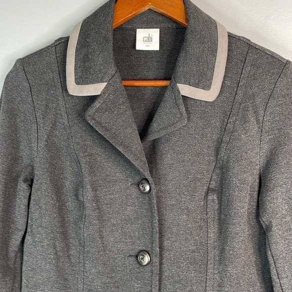 CABI Grey Crew Blazer Contrast Pipe Collar Pont Twill Single Breasted Preppy S - Picture 3 of 13